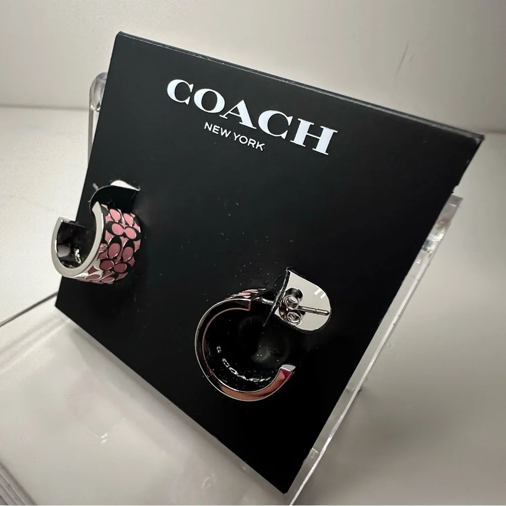Coach NWT Silver and Pink Enamel Signature Small Huggie Hoops - Picture 4 of 10